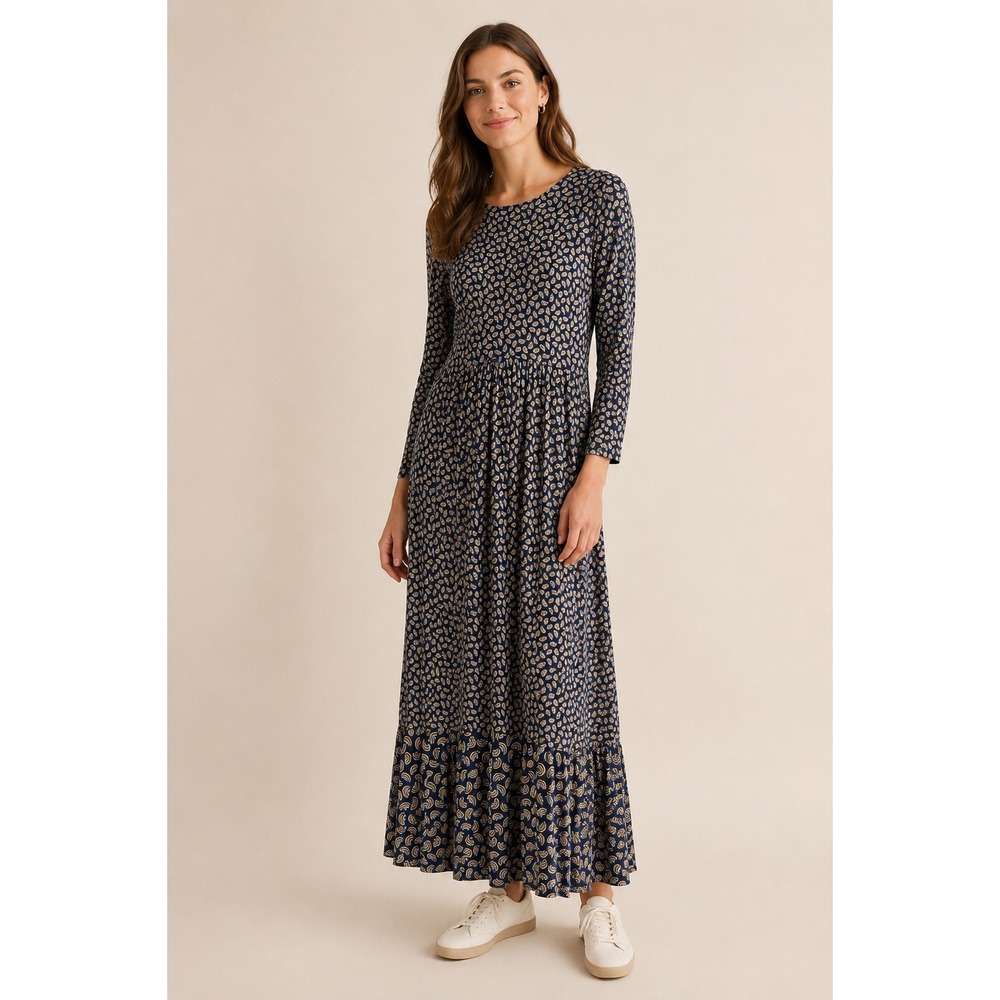 Boden Navy Rainbow Print Long Sleeve Maxi Dress Size 8L Tiered Hem
